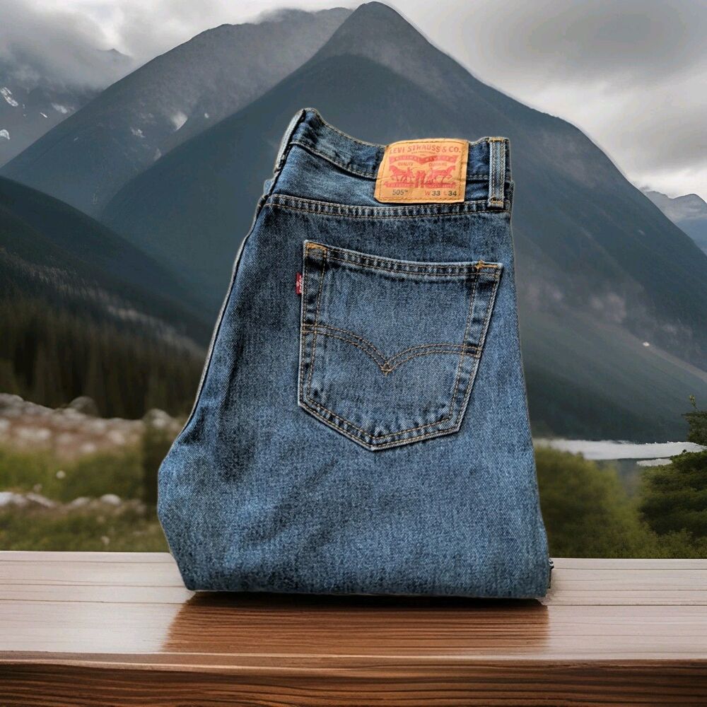 LEVI'S 505 MENS  33X34 DENIM BLUE JEANS REGULAR FIT STRAIGHT MEDIUM WASH EUC